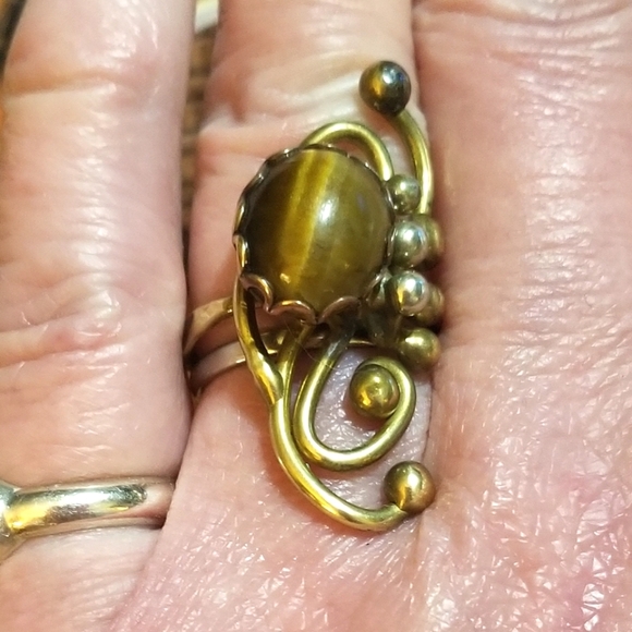 RARE JACK BOYD Brutalist Modernist Bronze Sterling Tiger's Eye Ring - Picture 2 of 10